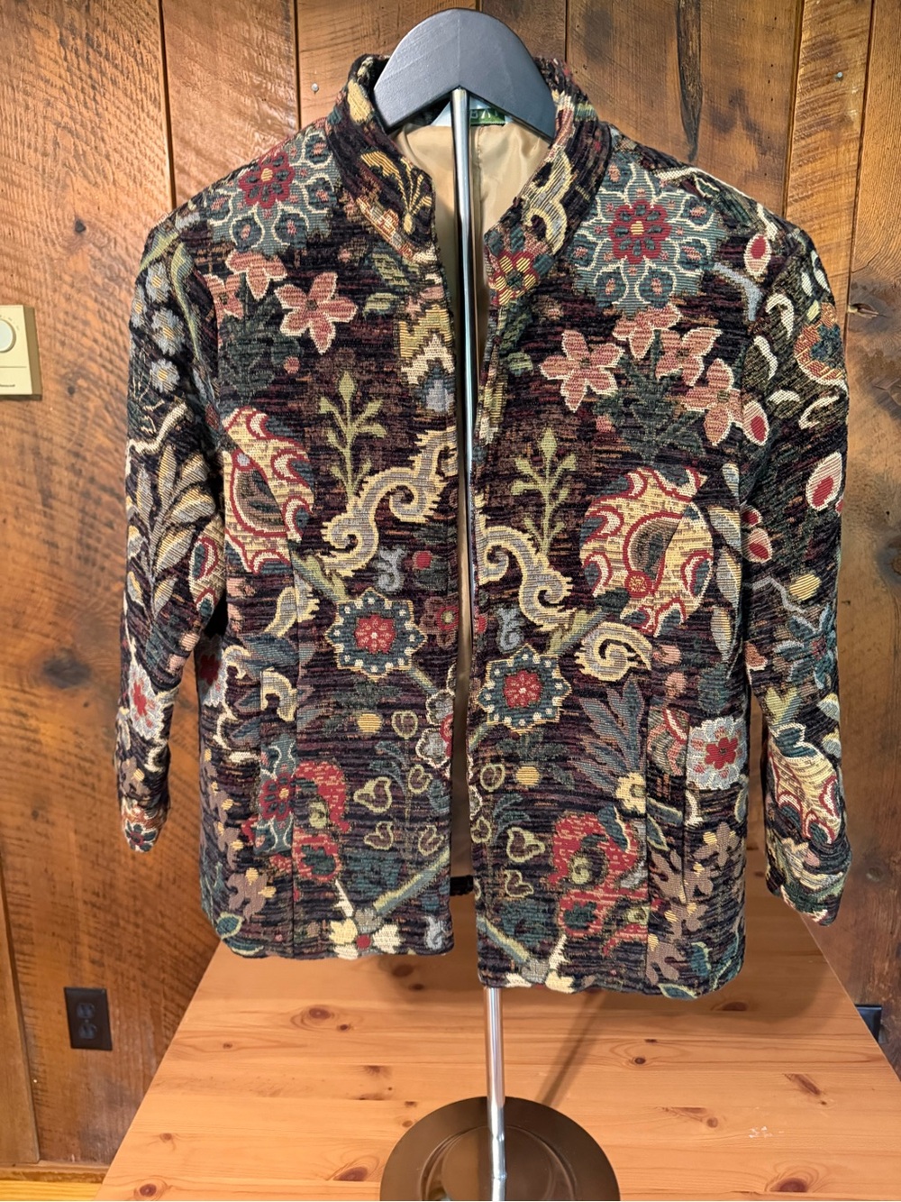 Vintage 90s Orvis Floral Chenille Tapestry Open-Front Jacquard Jacket S Academia - Picture 5 of 16